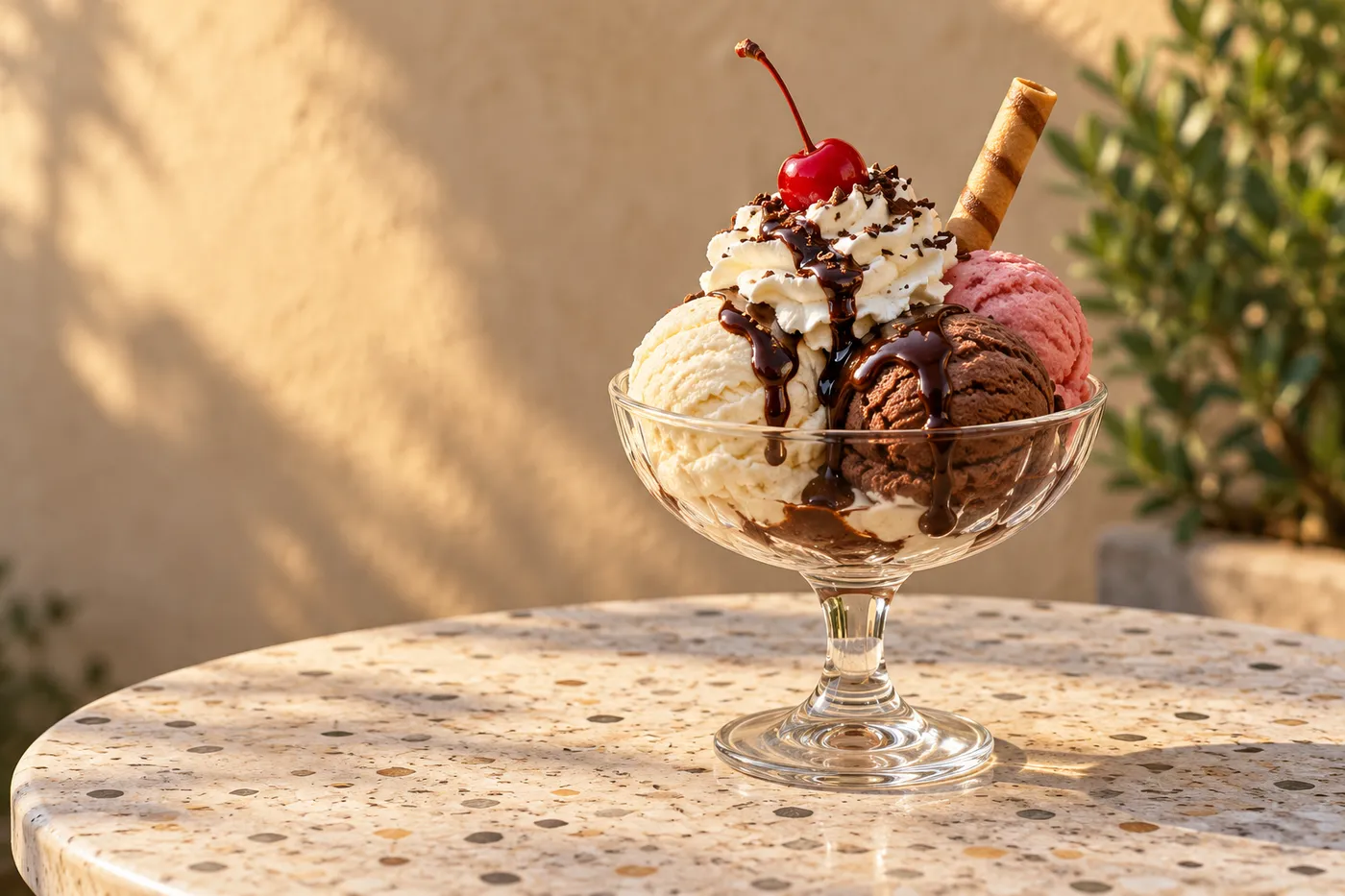 Illustration: ein Eisbecher mit Vanille, Schokolade und Erdbeere, Sahne, Schokoladensoße, Waffelröllchen und Kirsche auf einem runden Terrazzotisch draußen in der Abendsonne
