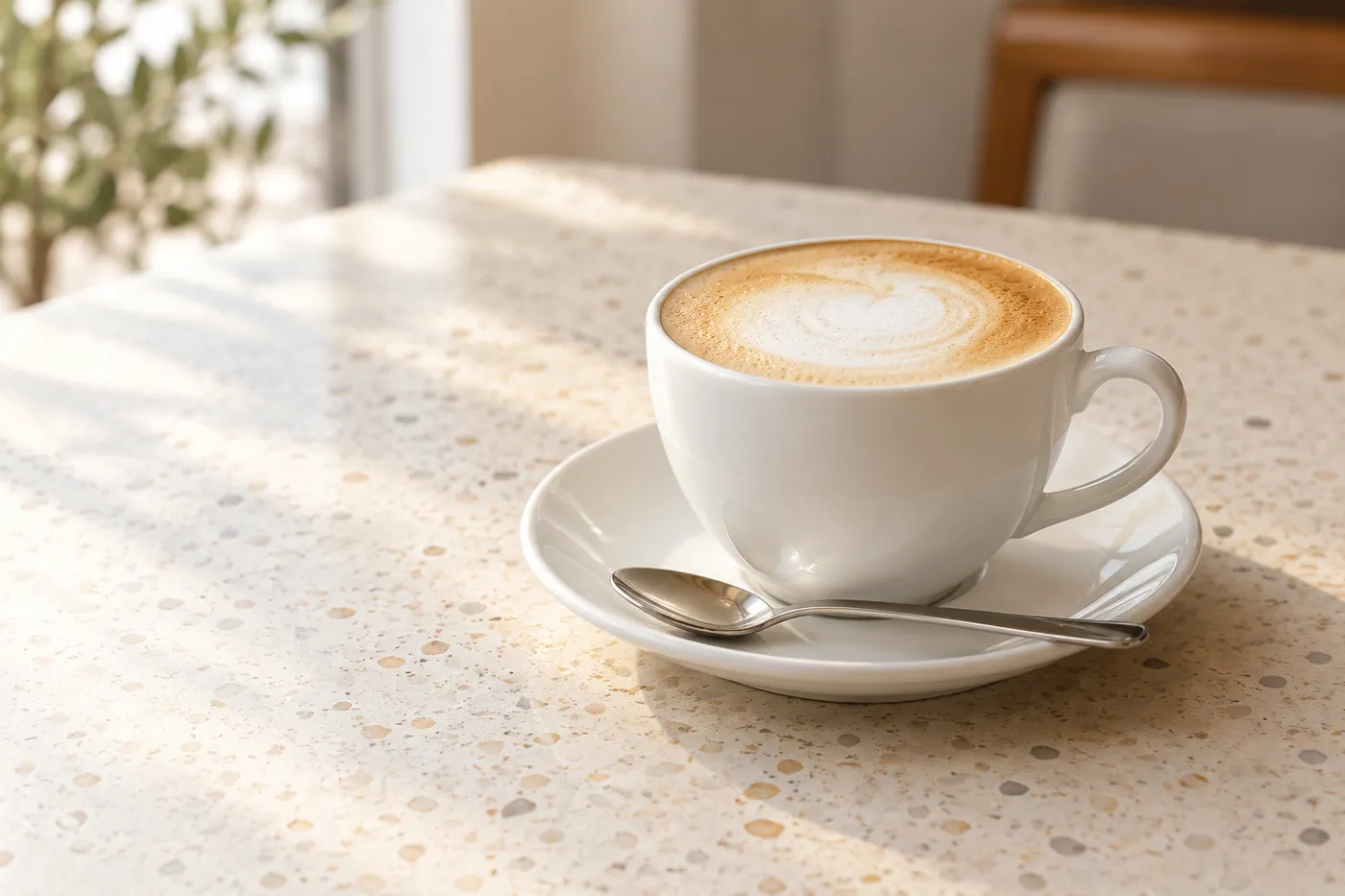 Illustration: eine weiße Tasse Milchkaffee mit Schaum auf einer Untertasse mit Löffel auf hellem Terrazzo