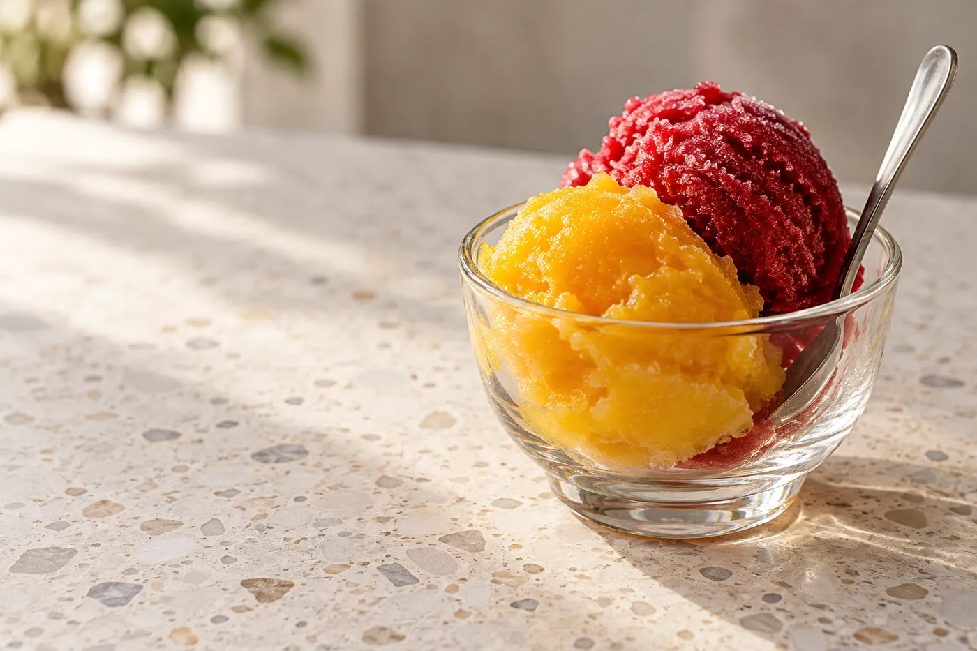 Illustration: zwei Kugeln Fruchtsorbet, Mango und Himbeere, in einem kleinen Glasschälchen mit Löffel auf hellem Terrazzo